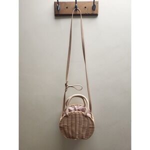 Round Straw Woven Crossbody Bag Light Pink Lined Drawstring Shoulder Purse